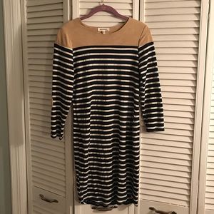 Monteau tan navy white striped long sleeve dress